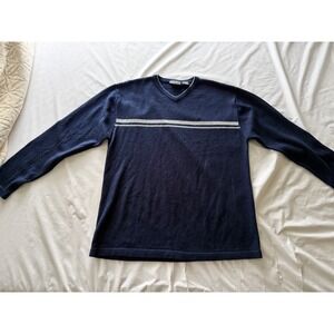 odo Mens V-Neck Sweater Long Sleeve Blue Retro 90s Striped Casual Large